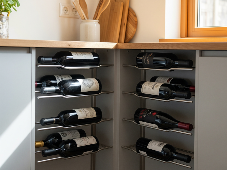 Uma área de armazenamento de vinhos bem organizada em uma casa, com garrafas de vinho dispostas horizontalmente em um rack de vinho moderno e compacto, integrado a um armário de cozinha.