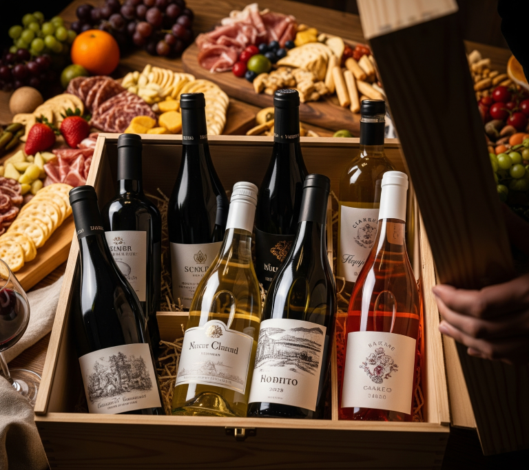 Uma caixa de vinhos sendo aberta, revelando garrafas de diferentes tipos e cores, com tábuas de frios e frutas parcialmente visíveis ao fundo, sugerindo uma experiência de descoberta.