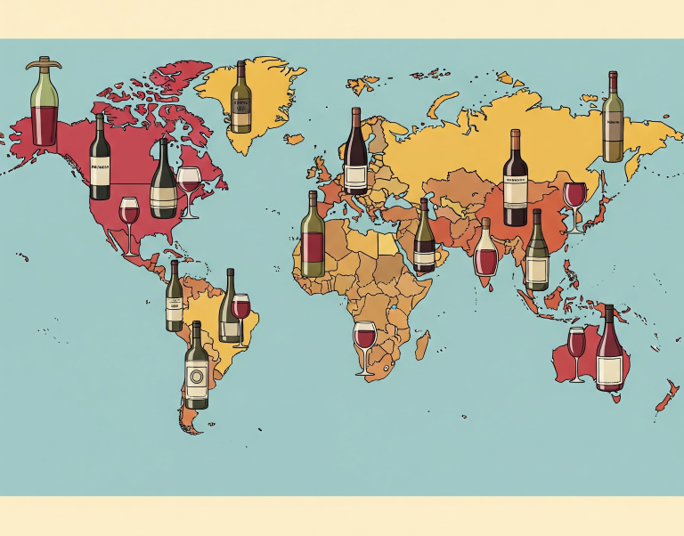 Um mapa-múndi estilizado com garrafas de vinho de diferentes formas e cores posicionadas em vários países e regiões vinícolas, simbolizando a diversidade e a exploração do mundo do vinho.
