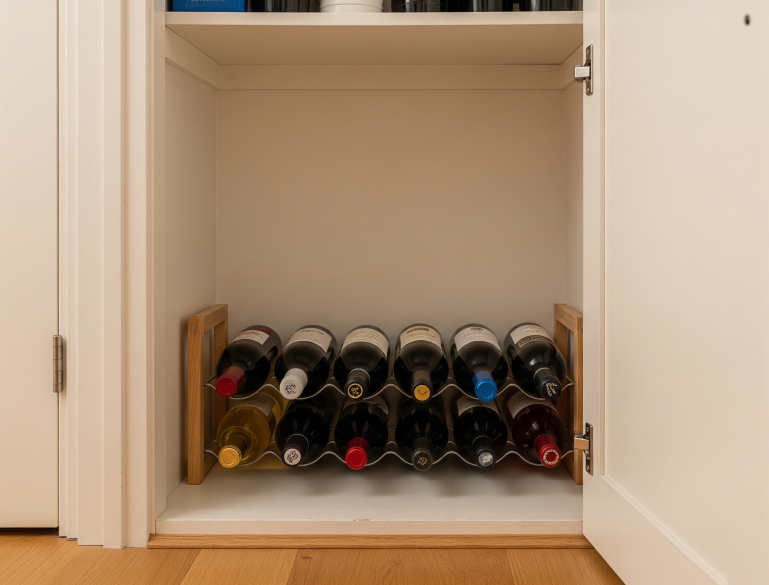 Um armário ou despensa de casa com uma pequena adega de vinhos de madeira e metal, contendo várias garrafas de vinho dispostas horizontalmente, mostrando uma solução de armazenamento prática e comum.