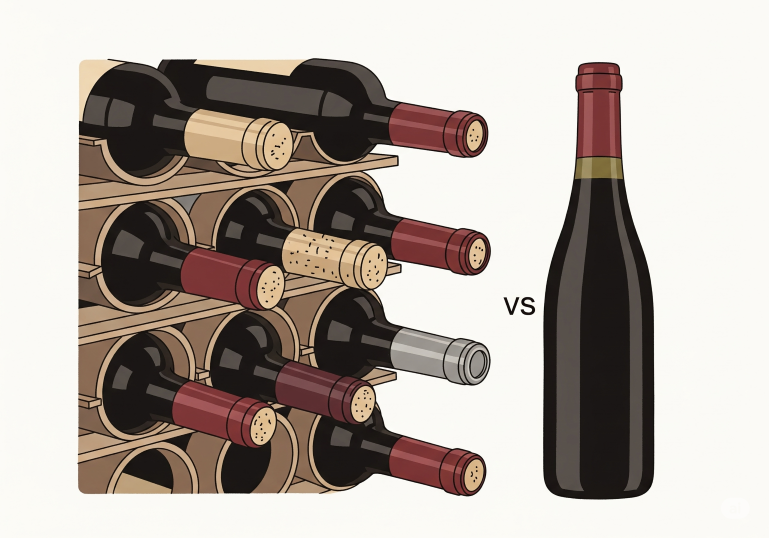 Uma ilustração que compara o armazenamento de garrafas de vinho com rolhas de cortiça (horizontalmente em um rack) e uma garrafa com tampa de rosca (verticalmente ao lado), destacando a diferença entre os dois tipos de vedação.