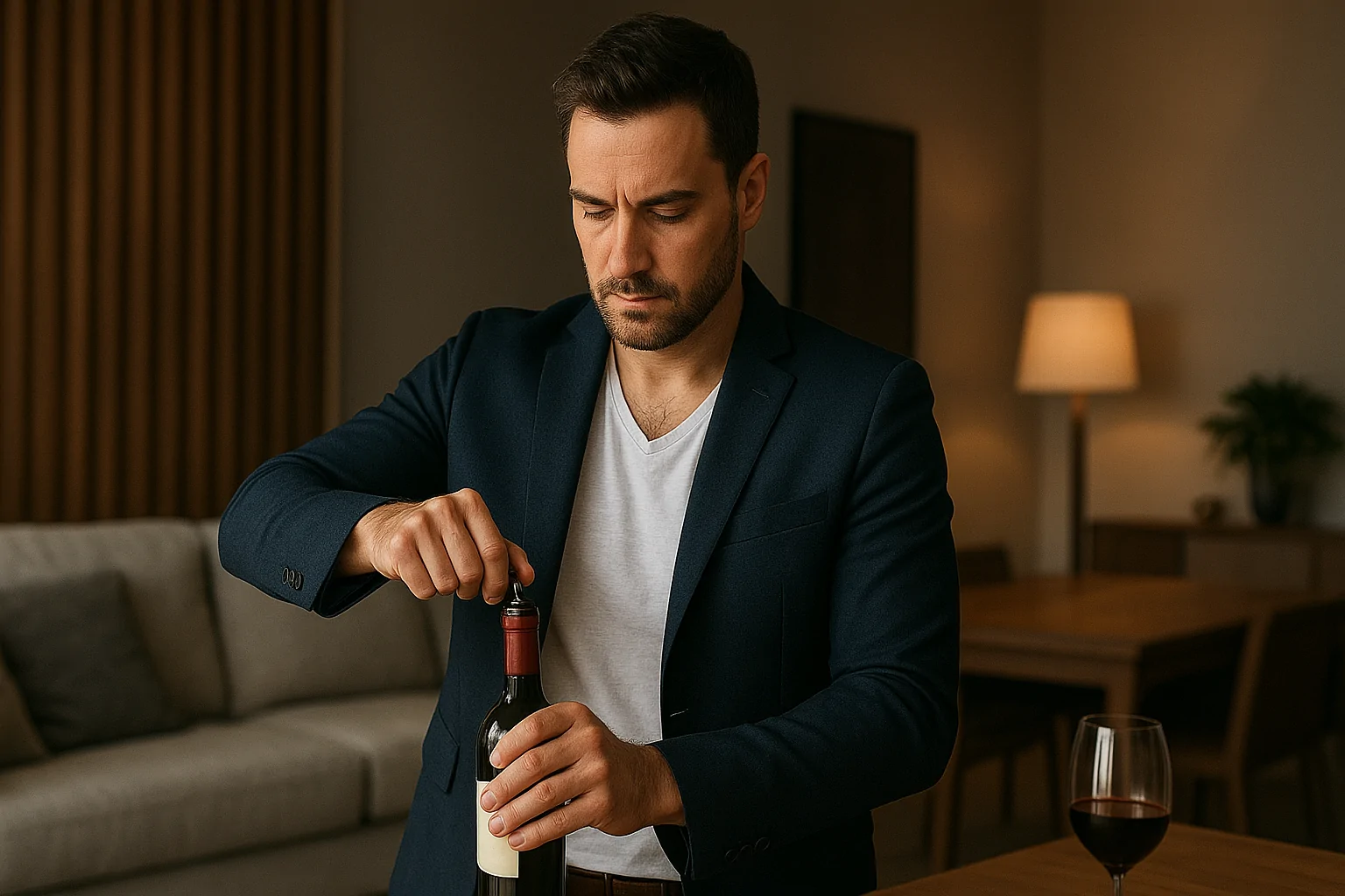 Foto de um homem 30+ abrindo uma garrafa de vinho em casa, em um ambiente sofisticado e moderno