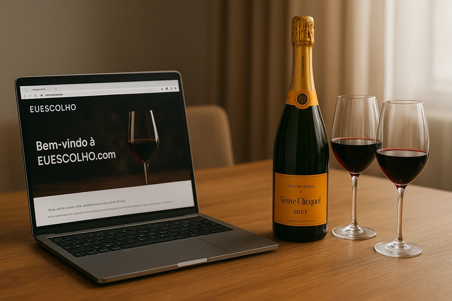 Mesa posta com duas taças de vinho, notebook aberto no site EUESCOLHO.COM e uma garrafa selecionada pelo cliente
