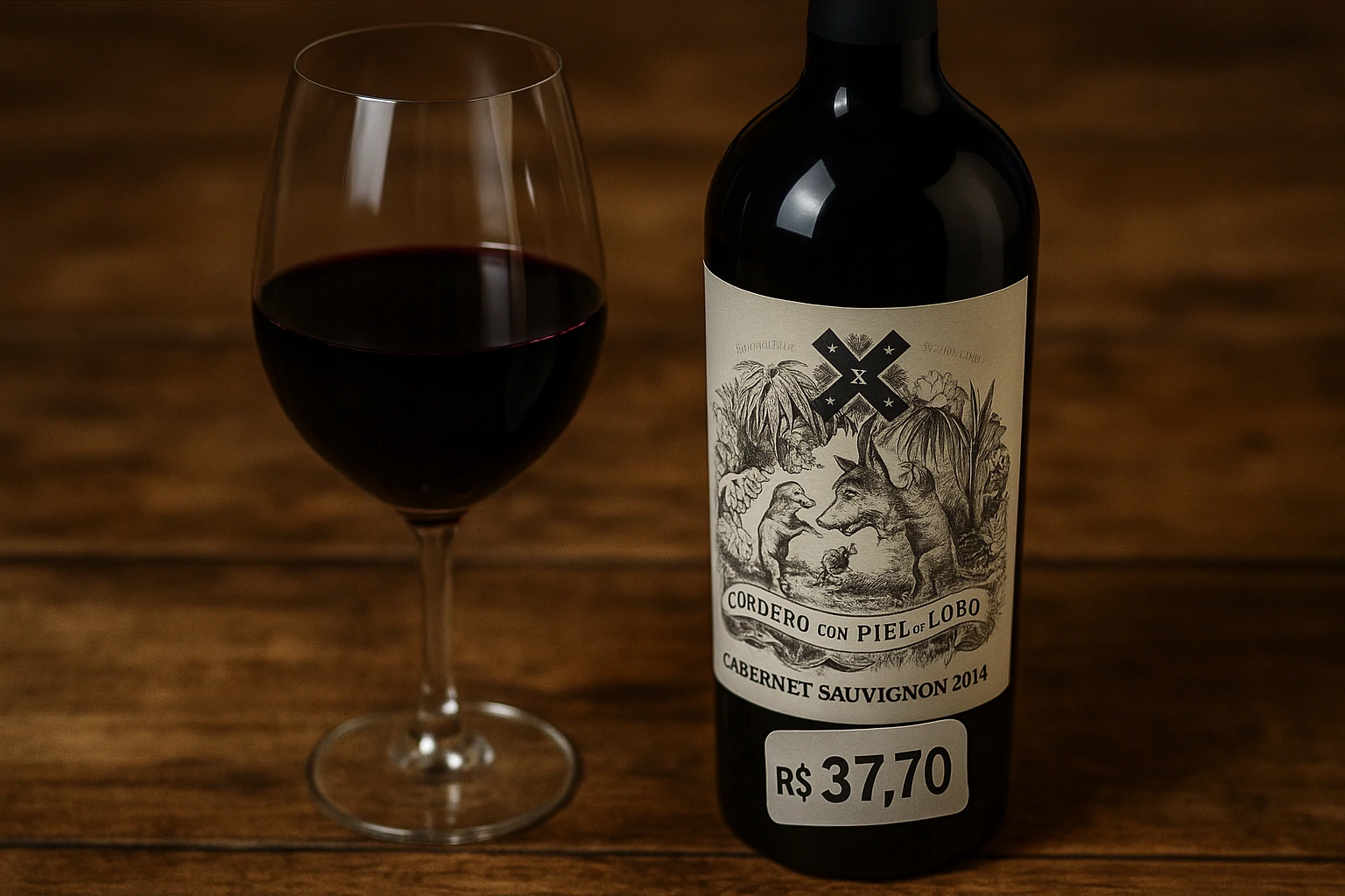 Vinho acessível em taça sobre mesa, representando custo-benefício