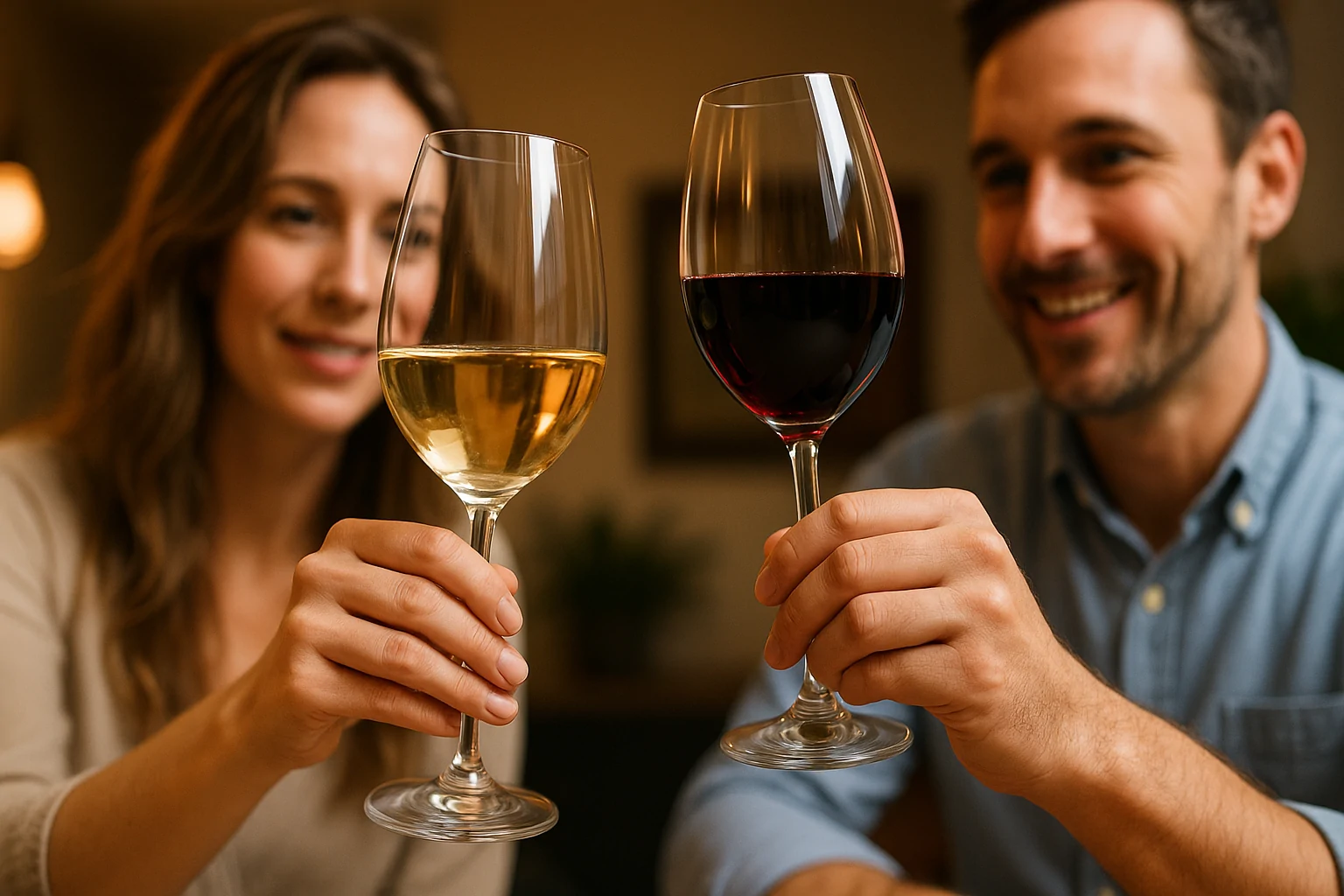 Comparação entre vinho branco e tinto em ambiente elegante