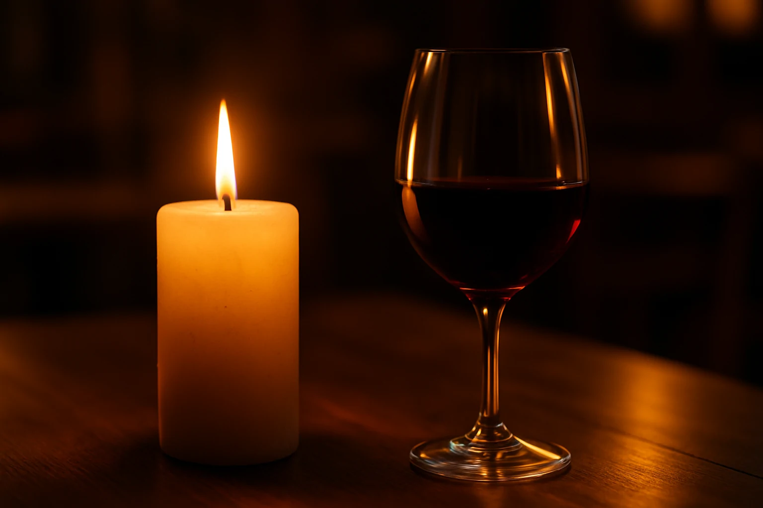Luz de vela refletida em taça de vinho, simbolizando o ritual e a atmosfera do momento