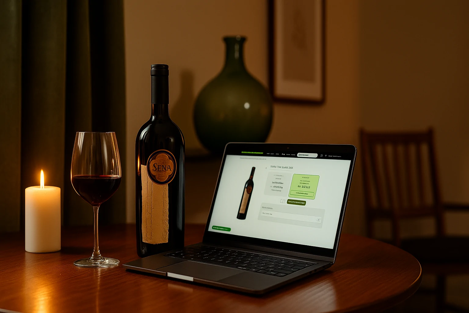 Mesa elegante com taças e site EUESCOLHO.COM aberto, mostrando a escolha personalizada do vinho