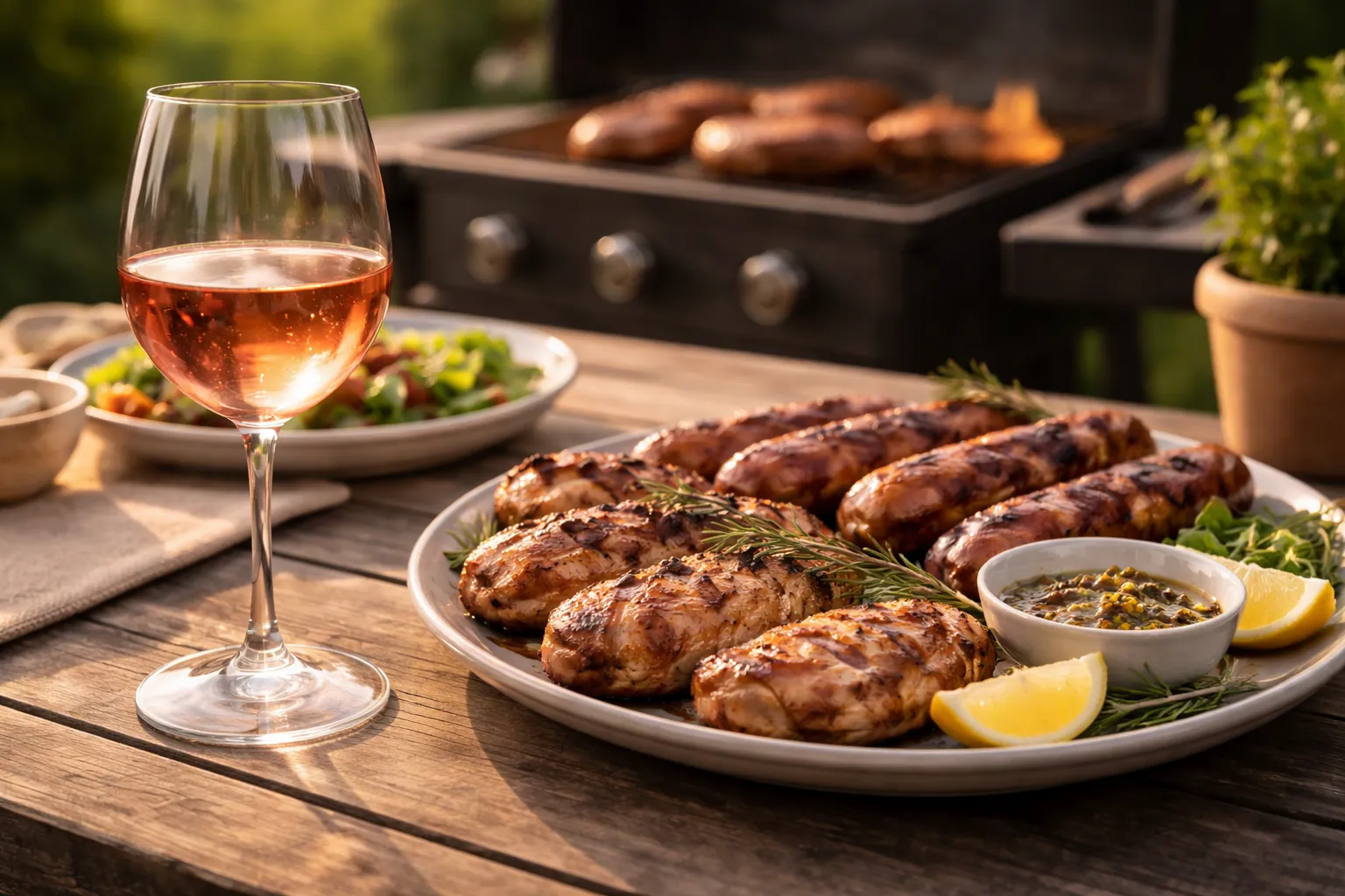 Vinho rosé servido durante churrasco com carnes leves