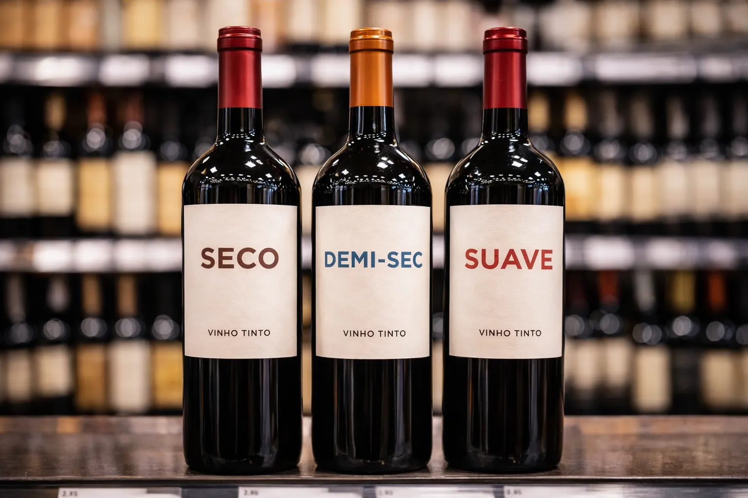 Comparação entre estilos de vinho seco, demi-sec e suave.