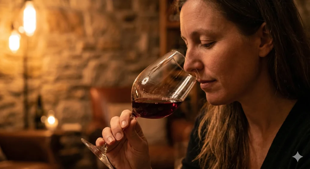 Pessoa analisando aromas do vinho para escolher melhor