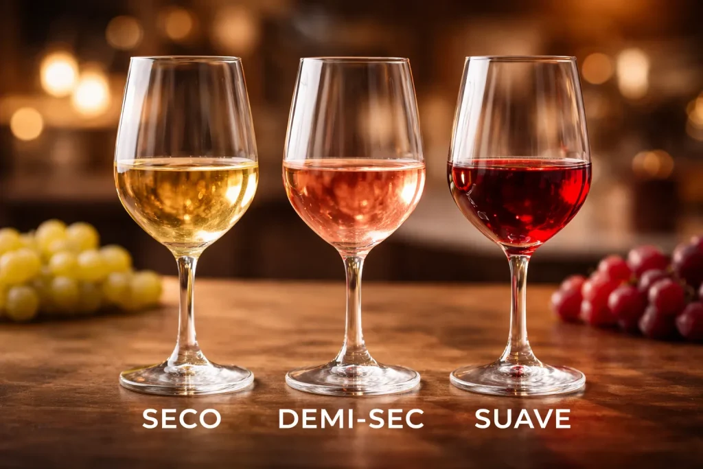 Três taças de vinho com tonalidades diferentes.