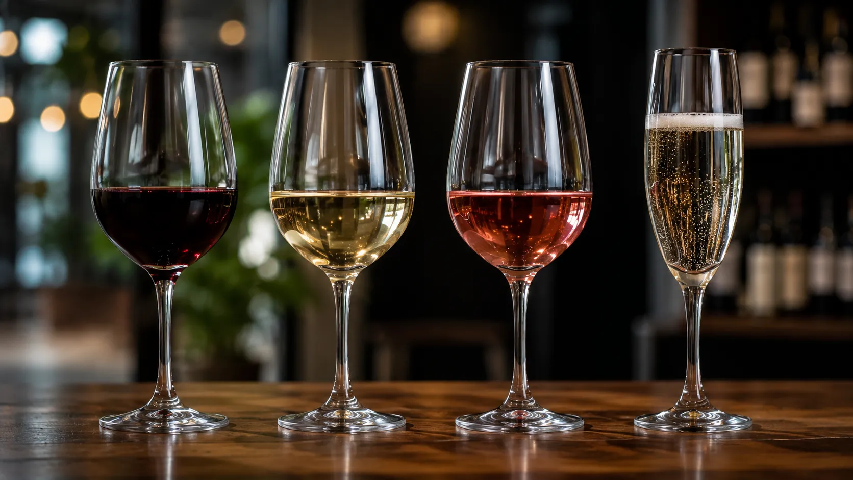 "Comparação entre vinhos tintos, brancos, rosés e espumantes."